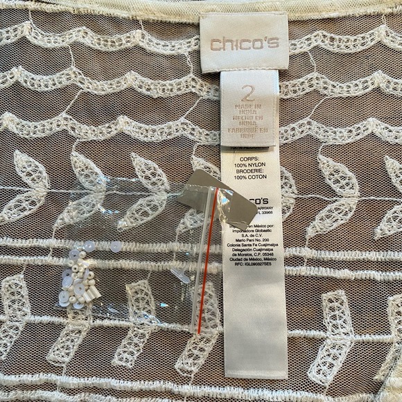 Chico’s NWT Sheer Embroidered Beaded Cream V-Neck Blouse Womens Large - Picture 9 of 11